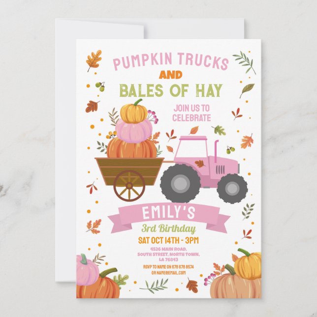 Pink Tractors Pumpkin Birthday Harvest Party  Invitation (Front)