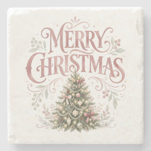 Pink Traditional Christmas Tree   Pinkmas Stone Coaster