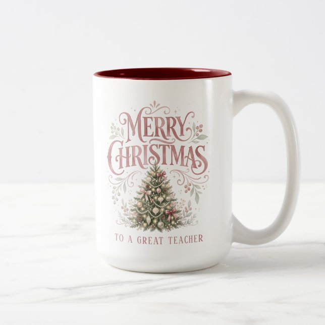 Pink Traditional Christmas Tree | Teacher Gift Two-Tone Coffee Mug (Right)