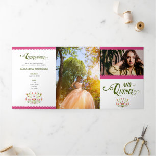 Pink Traditional Mexican Floral Photo Quinceanera Tri-Fold Invitation