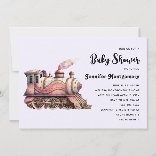Pink Train Engine Vintage Steampunk Baby Shower Invitation (Front)