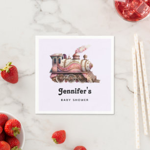 Pink Train Engine Vintage Steampunk Baby Shower Napkin