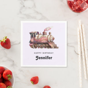 Pink Train Engine Vintage Steampunk Birthday Napkin