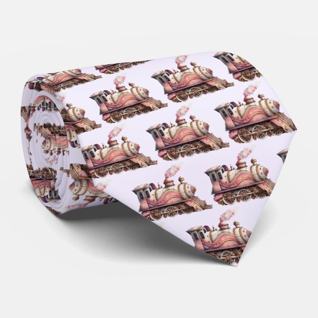 Pink Train Engine Vintage Steampunk Pattern Tie (Rolled)