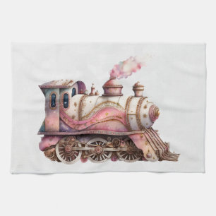 Pink Train Engine Vintage Steampunk Style Kitchen Towel