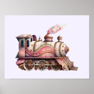 Pink Train Engine Vintage Steampunk Style Poster