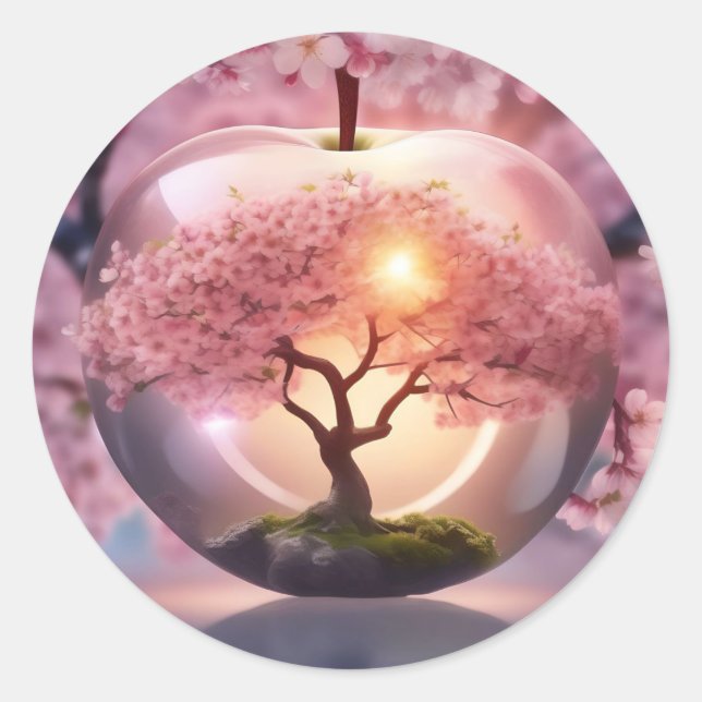 Pink Translucent Apple With Apple Tree Scene, Classic Round Sticker (Front)