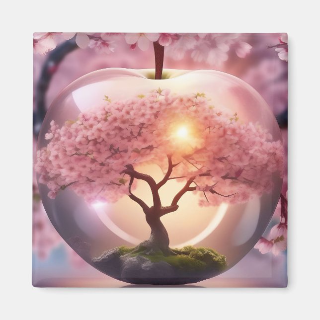 Pink Translucent Apple With Apple Tree Scene, Magnet (Front)