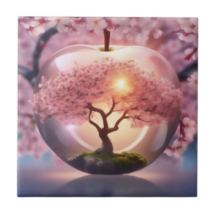 Pink Translucent Apple With Apple Tree Scene, Tile