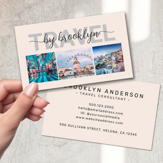 Pink Travel Agent Consultant Photo Collage Business Card (Creator Uploaded)