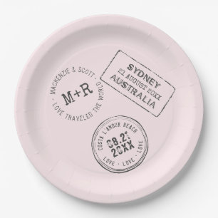 Pink Travel Theme Passport Stamp Custom Wedding Paper Plate