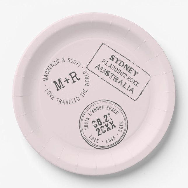 Pink Travel Theme Passport Stamp Custom Wedding Paper Plate (Front)