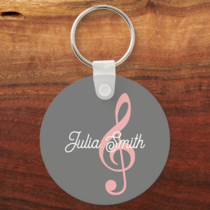 pink treble clef musical note with name keychain