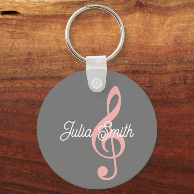 pink treble clef musical note with name keychain (Front)