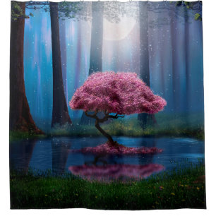 Pink tree and pond in the woods at night