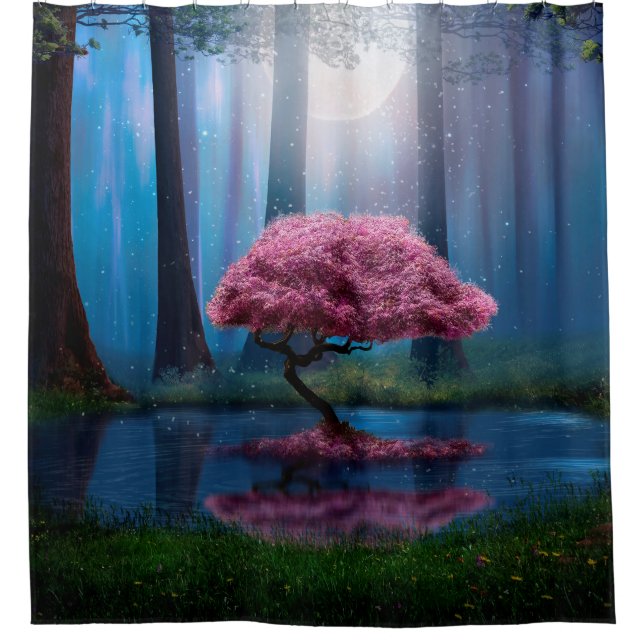 Pink tree and pond in the woods at night (Front)