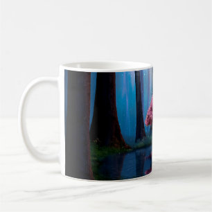 Pink tree and pond in the woods at night coffee mug