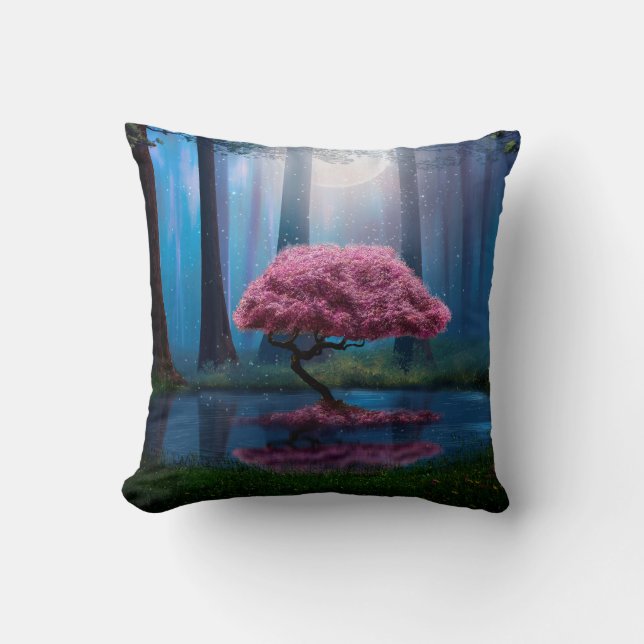 Pink tree and pond in the woods at night throw pillow (Front)