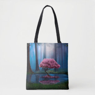 Pink tree and pond in the woods at night tote bag