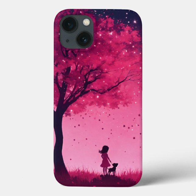 Pink tree and stars apple iphone 13 case (Back)