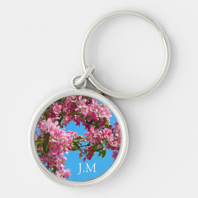 Pink Tree Blossom and Blue Sky Initials Keychain (Front)