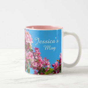 Pink Tree Blossom and Blue Sky Personalised Two-Tone Coffee Mug