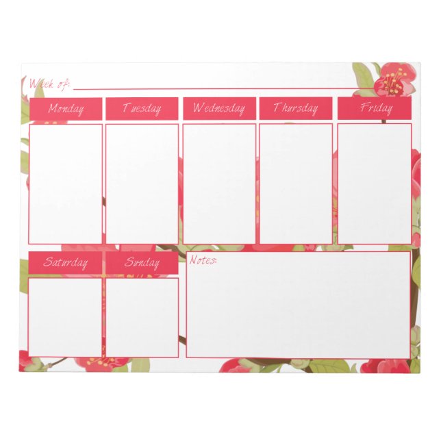 Pink Tree Blossoms Weekly Calendar Notepad (Front)