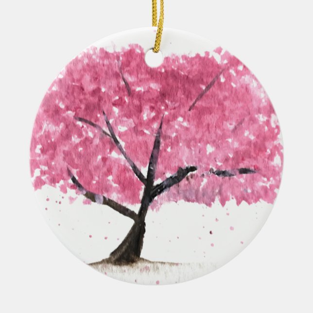 Pink tree cherry blossom sakura watercolor Japan Ceramic Ornament (Front)