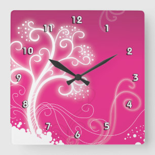 Pink Tree Cute Girly Retro Floral Fashion Square Wall Clock