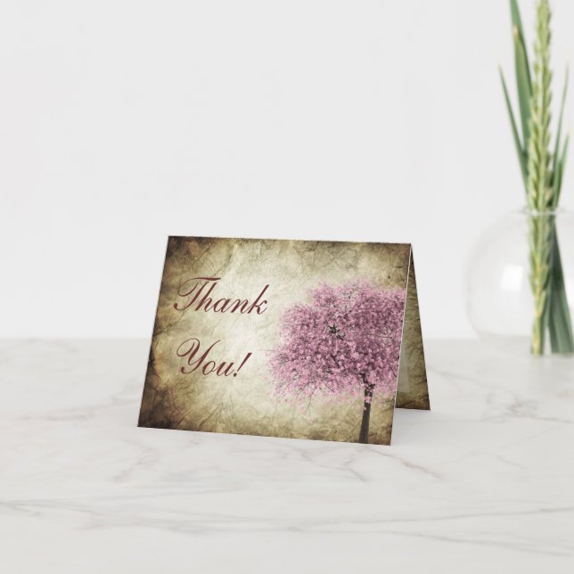 Pink Tree Folded  Wedding Thank You Card (Front)