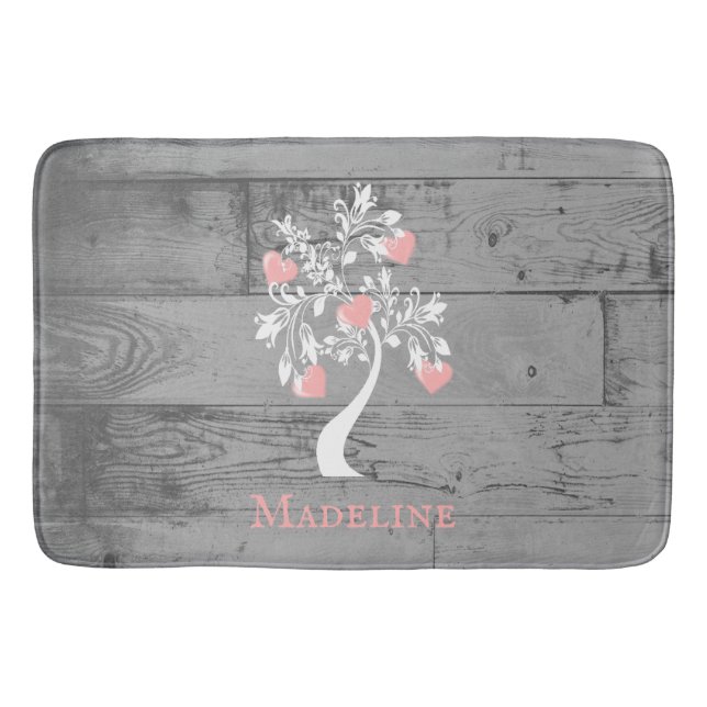 Pink Tree of Hearts Personalized Bath Mat (Front)