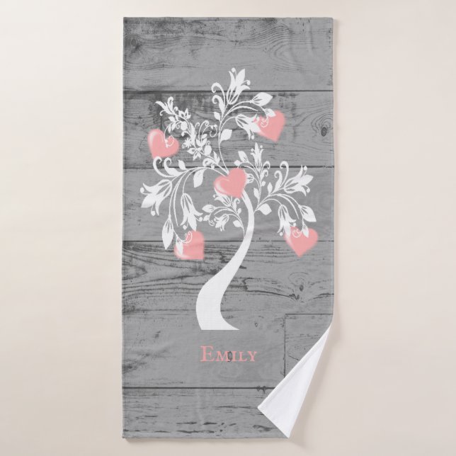 Pink Tree of Hearts Personalized Bath Towel Set (Bath Towel)