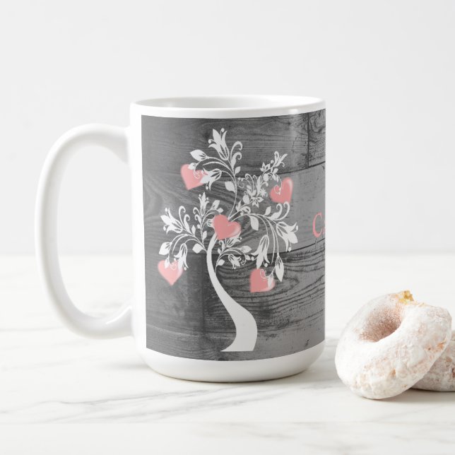 Pink Tree of Hearts Personalized Coffee Mug (With Donut)