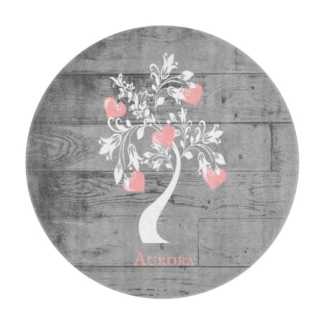 Pink Tree of Hearts Personalized Cutting Board (Front)