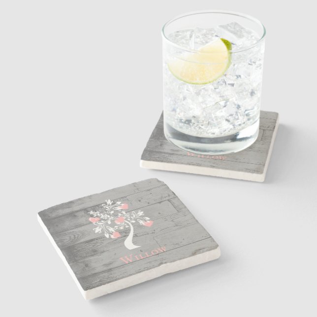 Pink Tree of Hearts Personalized Stone Coaster (Side)