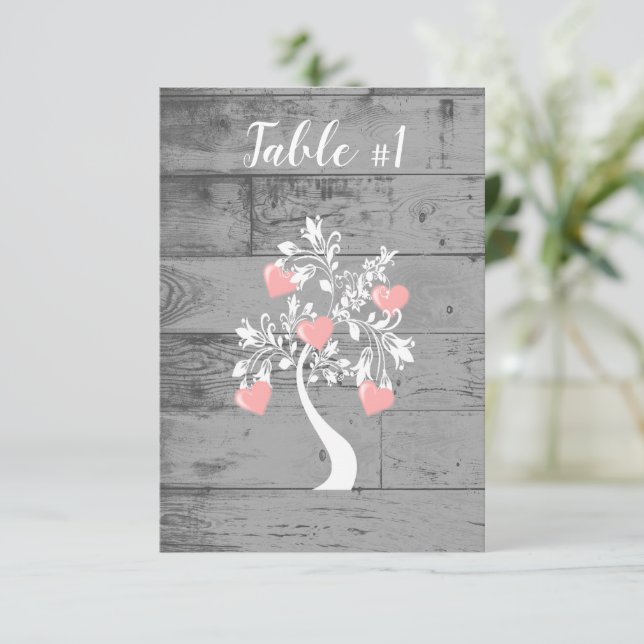 Pink Tree of Hearts Wedding Reception Table Card (Standing Front)