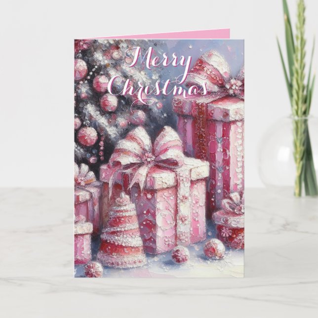 Pink Tree & Presents Personalized Christmas Card (Front)