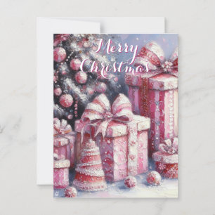 Pink Tree & Presents Personalized Christmas Postcard
