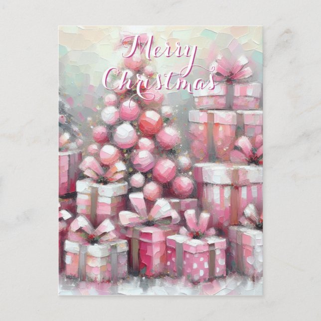 Pink Tree & Presents Personalized Christmas Postcard (Front)