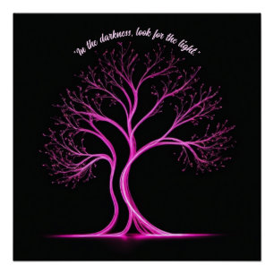 Pink Tree-Shaped Light Painting on Black  Poster