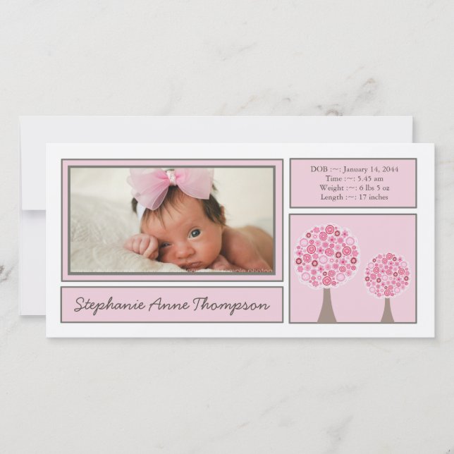 Pink Trees Baby Girl Birth Announcement PhotoCard (Front)