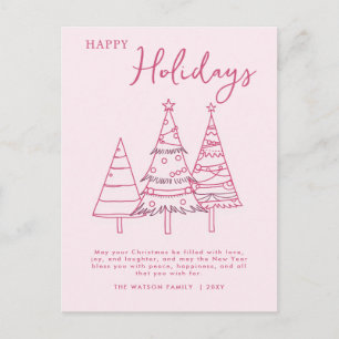 Pink Trees Hand Drawn Doodle Whimsy Christmas Holiday Postcard