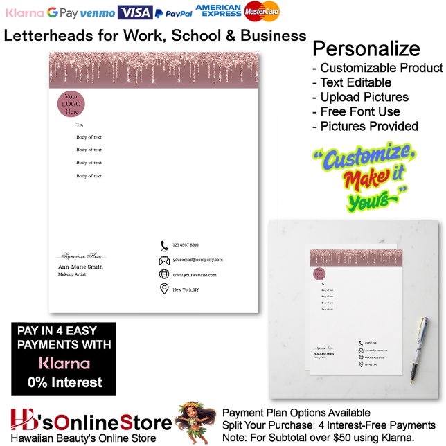Pink Trendy Drip Sparkle Glitter Business Letterhead (Pink Trendy Drip Sparkle Glitter Business Letterhead.)