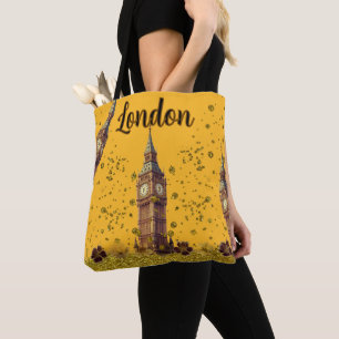 Pink Trendy London Big Ben Gold Glitter Tote Bag
