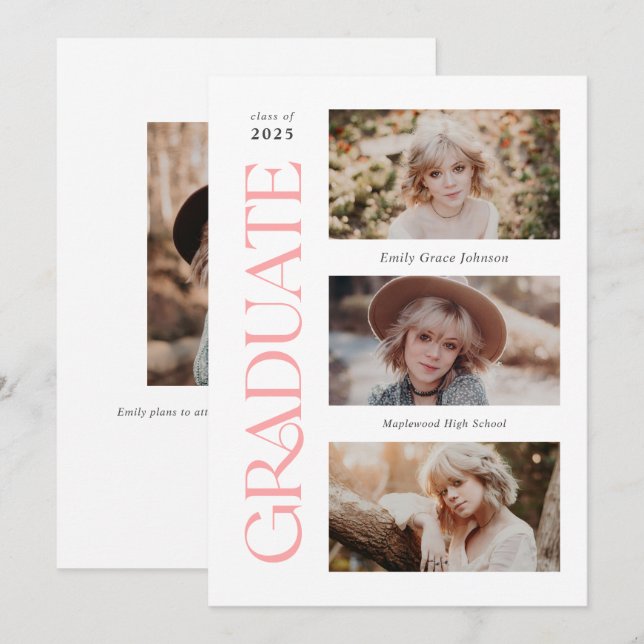 Pink Trendy Serif Multiple Photo Graduation  Announcement (Front/Back)