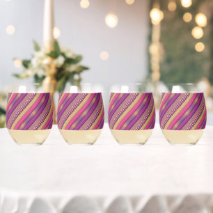 Pink Tribal Stripes Geometric Pattern Bold Ethnic Stemless Wine Glass