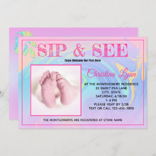 Pink Trim New Born Sip and See Custom Photo Invitation