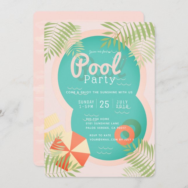 Pink Tropical Adult Pool Party Invitation (Front/Back)