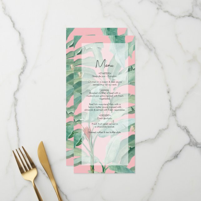 Pink Tropical Banana Palm Leaves Wedding Menu (Front/Back In Situ)