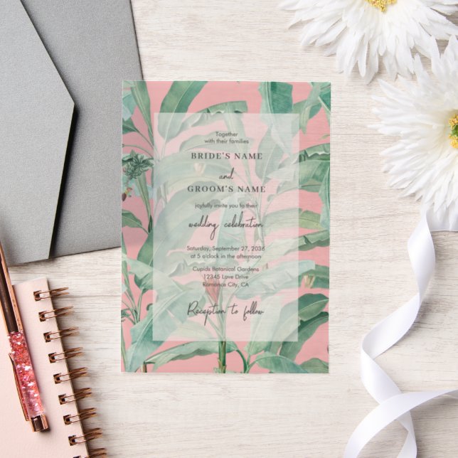 Pink Tropical Banana Palm Leaves Wedding Vellum Invitations (Wedding)
